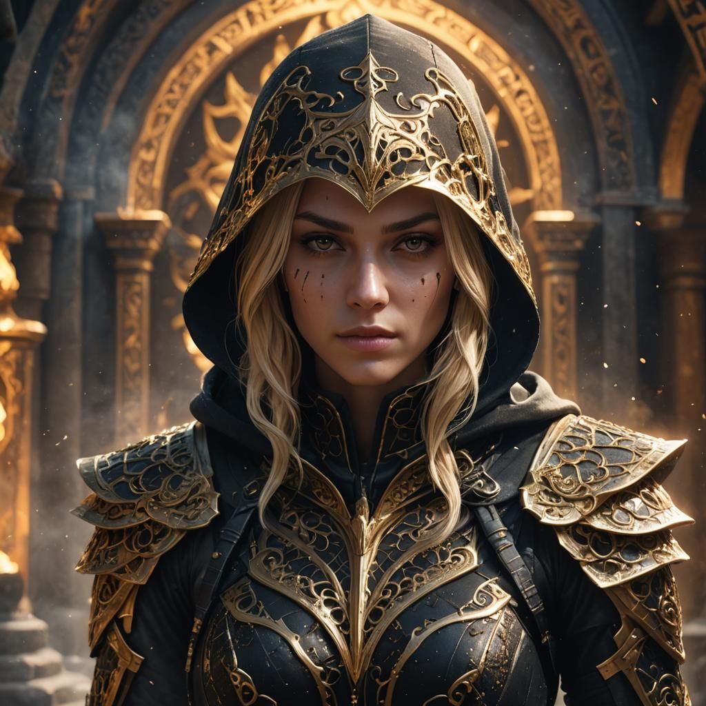 Female Assassin in Stone Temple: Digital Art