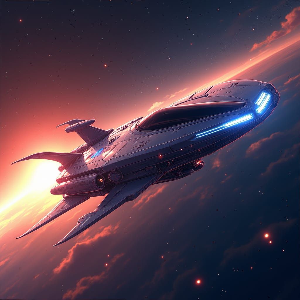 Futuristic Starship Soaring Through Space in Anime Style