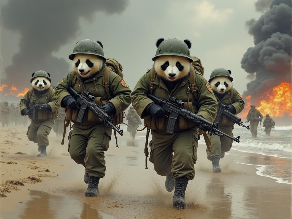 Panda Soldiers on Omaha Beach in War