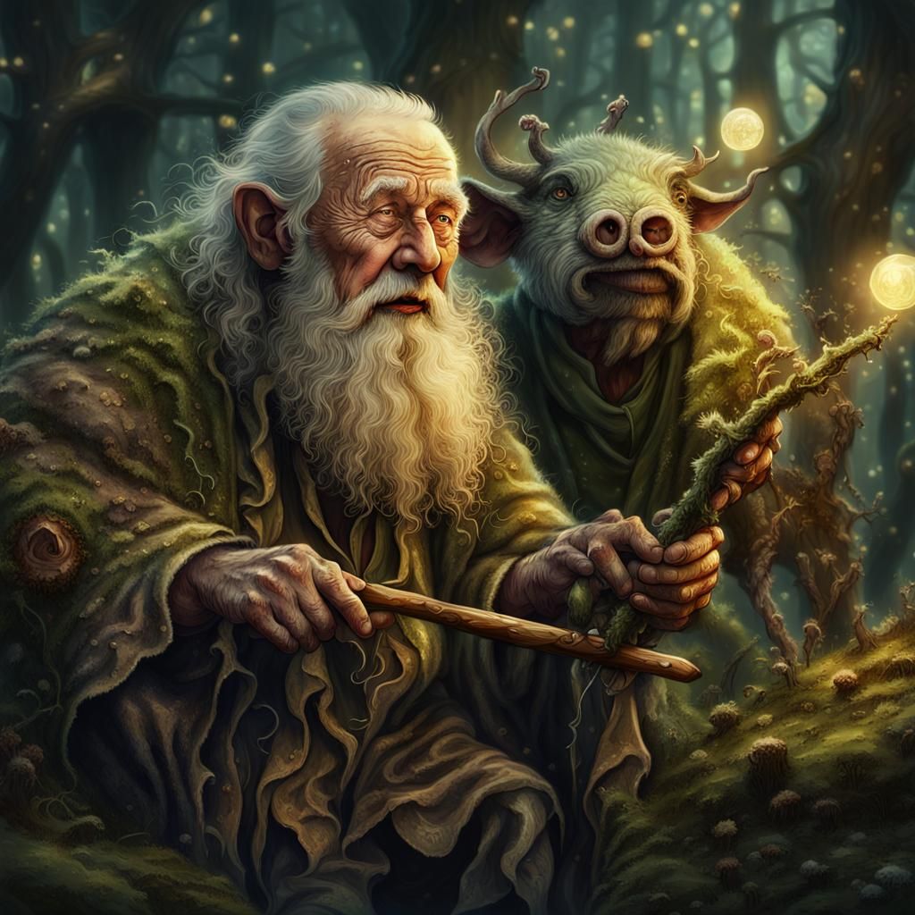 Drunken Druid Portrait with Glowing Spores in Whimsical Real...