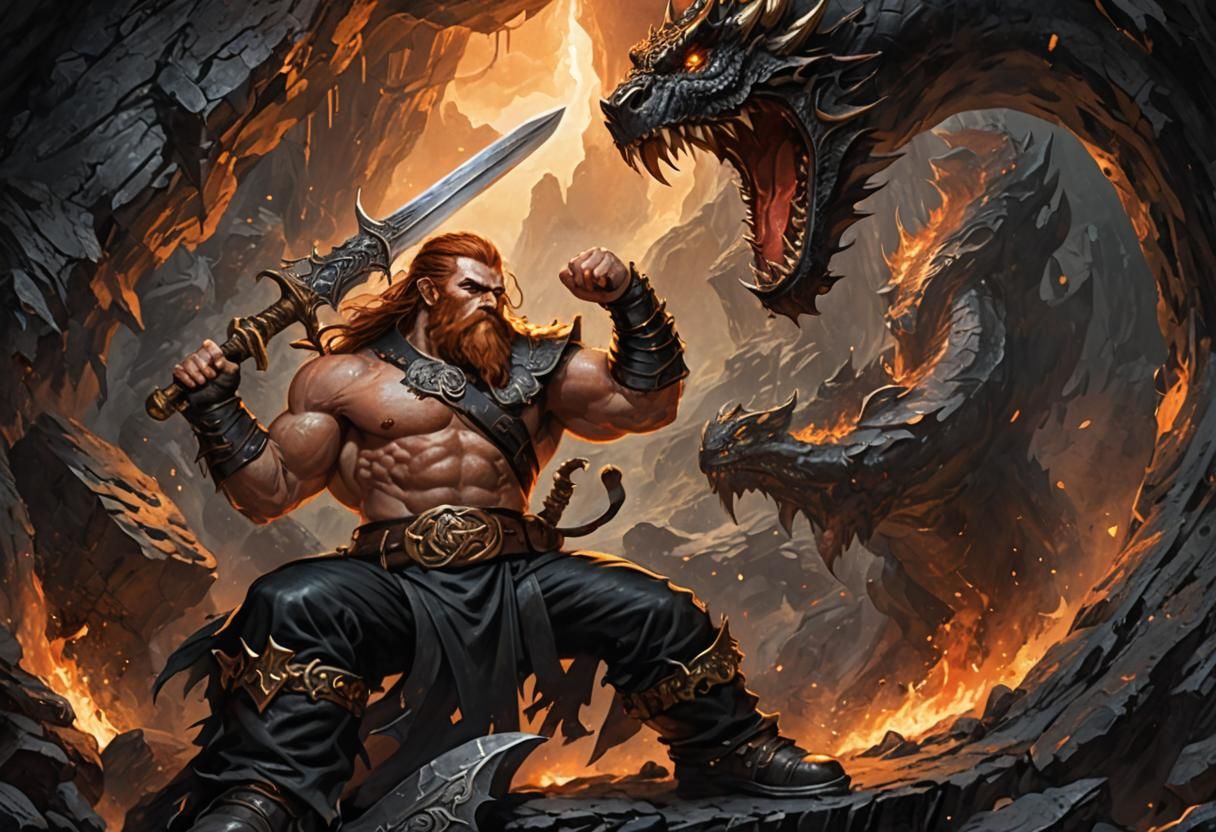 Dwarf Warrior Confronts Dragon in Volcanic Cave