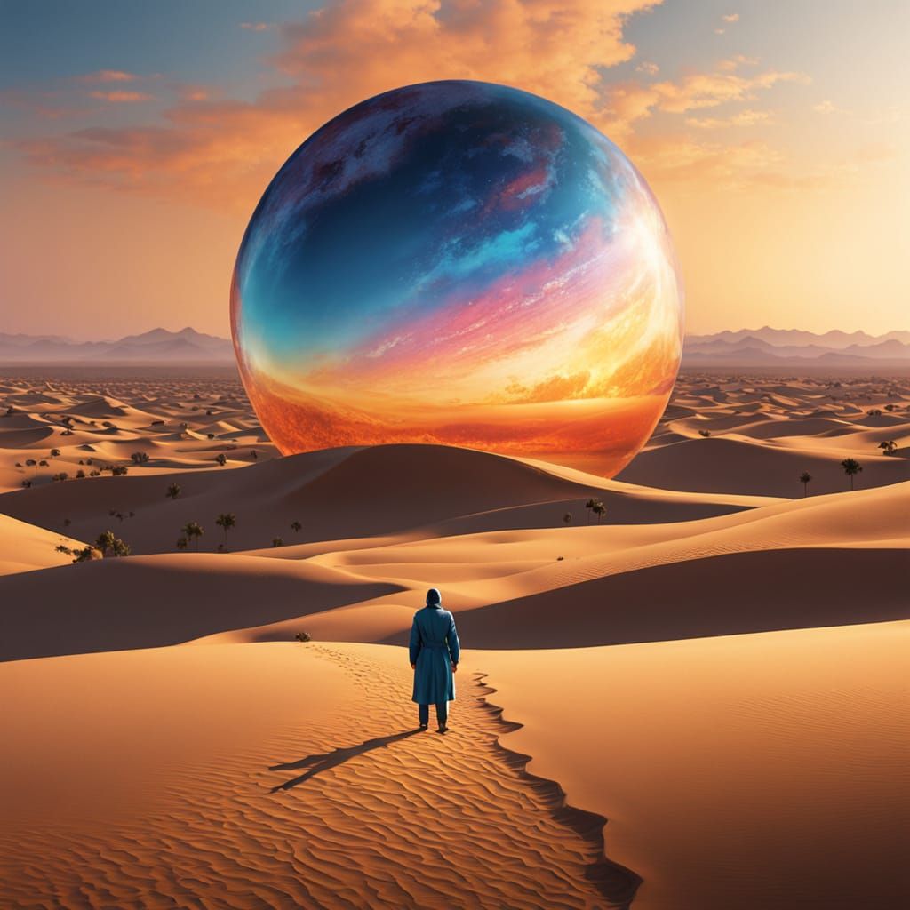 Hyperrealistic Desert Sunset with Glowing Sphere