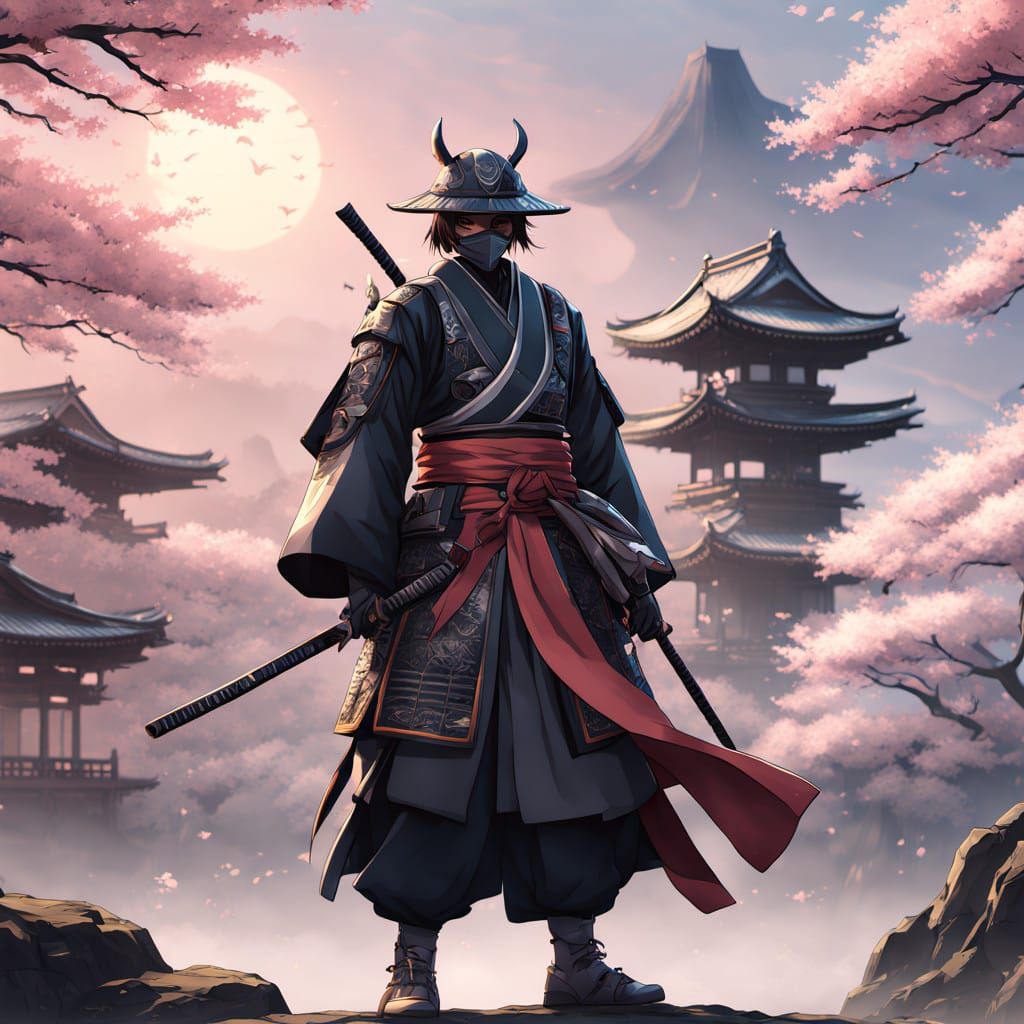 Mysterious Samurai on Cherry Blossom Hill in Anime Style
