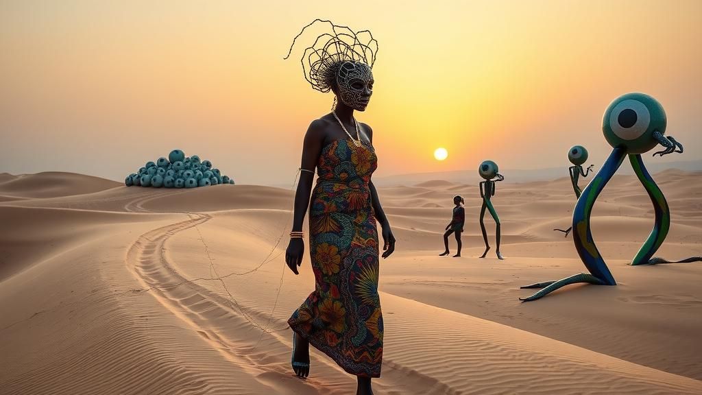 African Woman in Desert with Spider Mask
