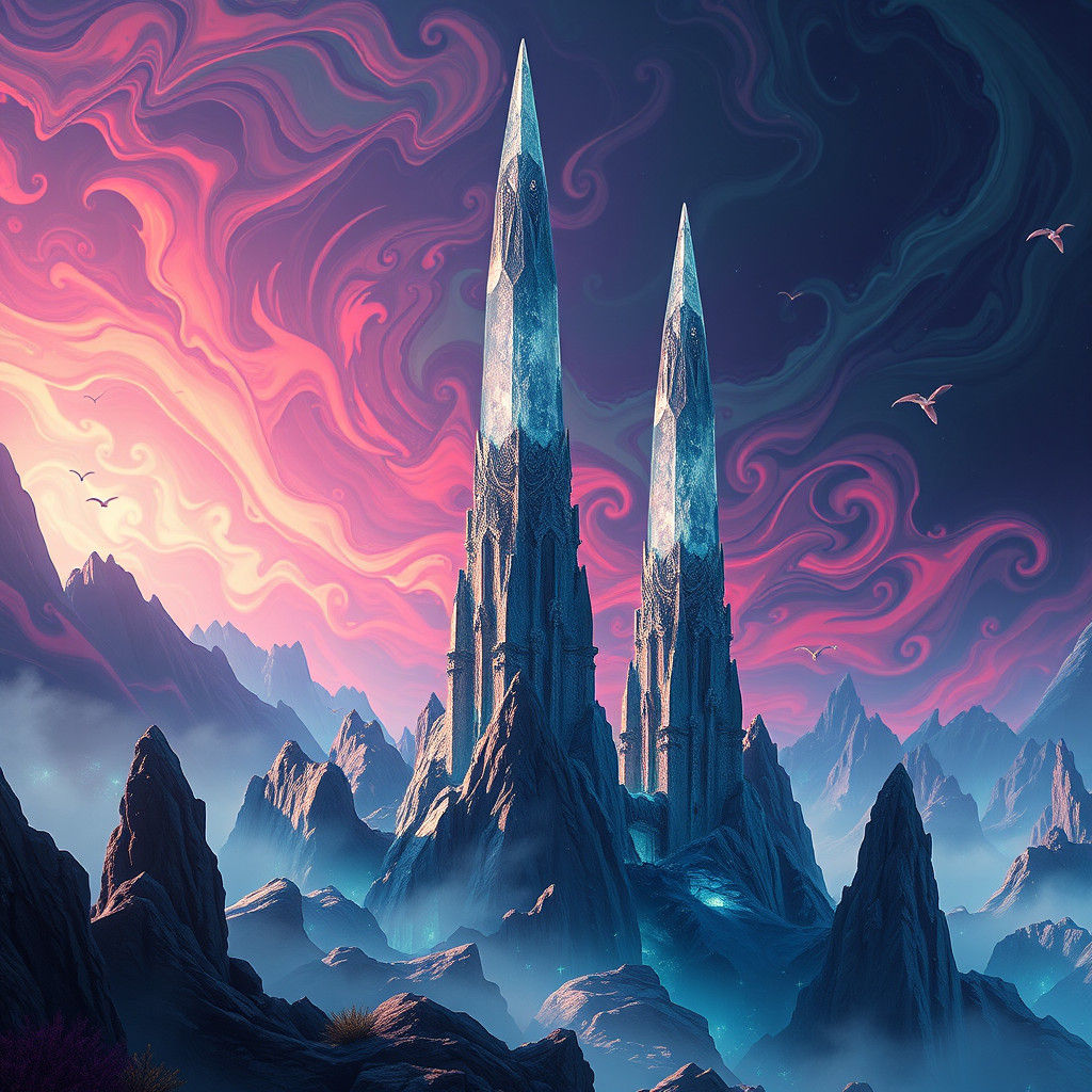 Mystical Crystal Spires in Dreamlike Landscape