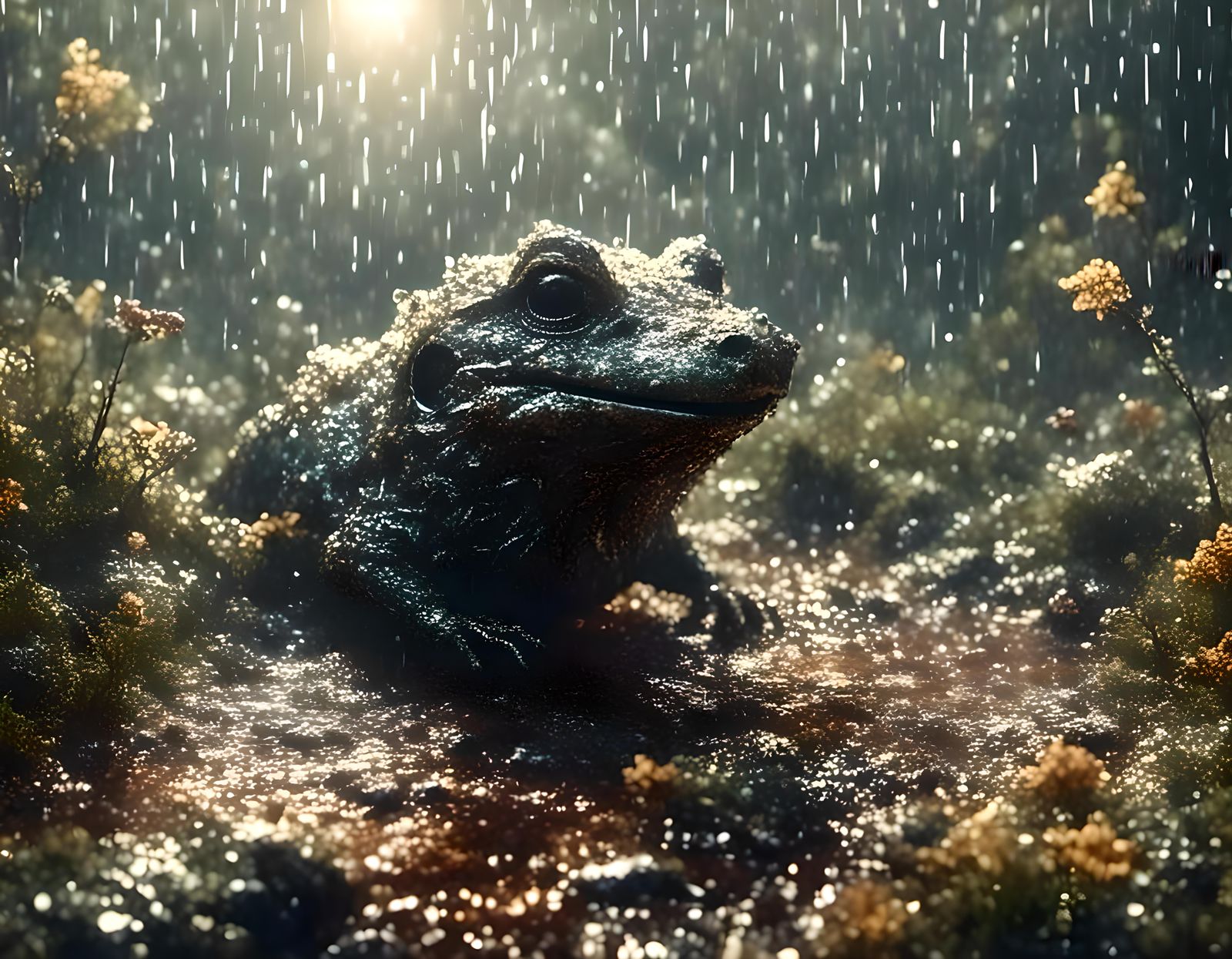 Rainforest Cabin Scene with Storm and Wildlife