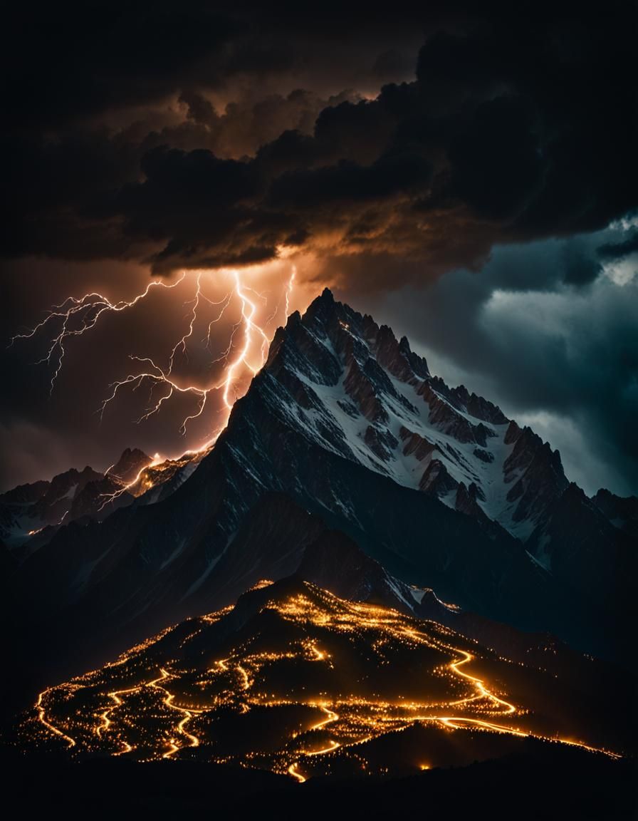 Lightning Strikes Alpine Mountain: Cinematic Film Still
