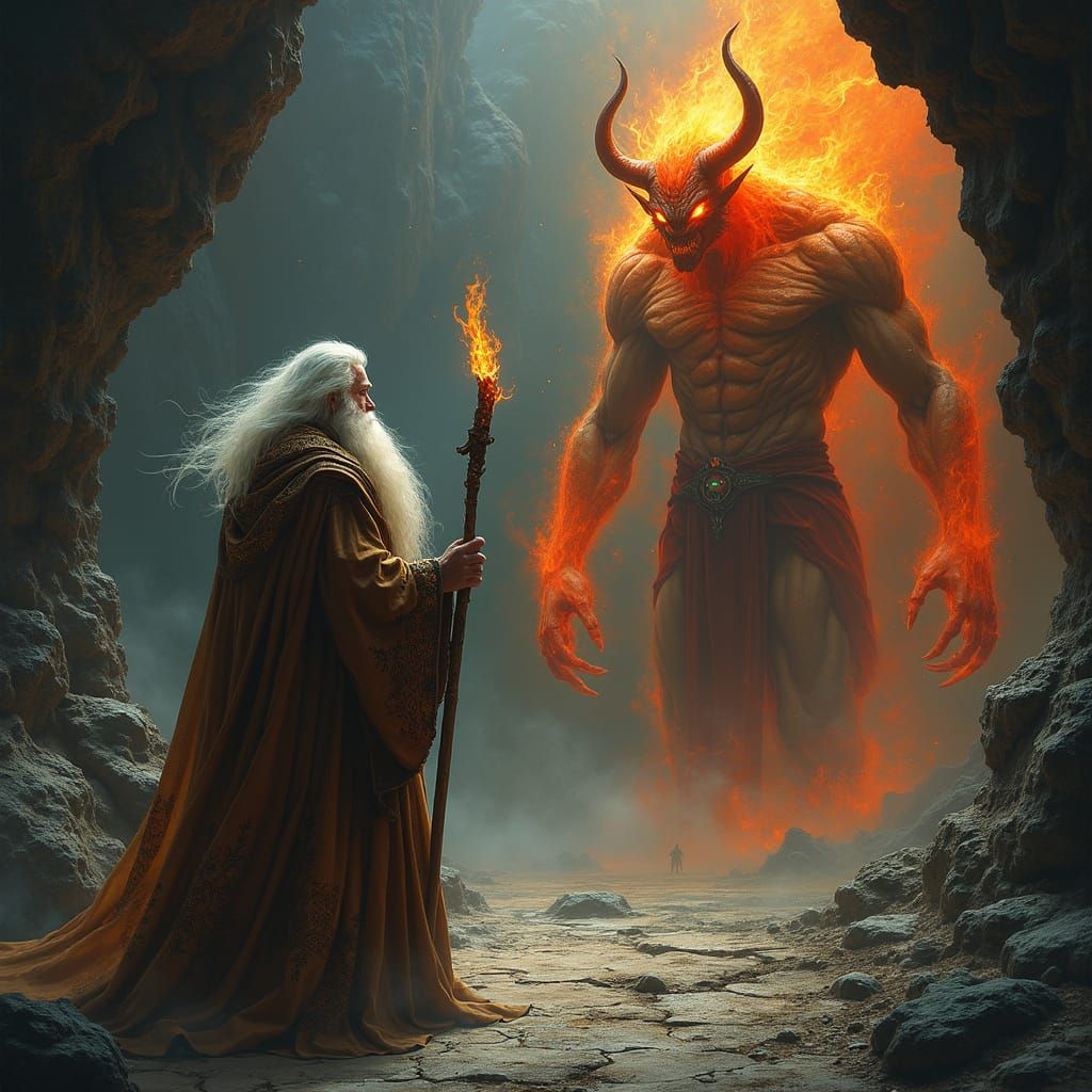 Wizard Battles Colossal Demon in Underworld