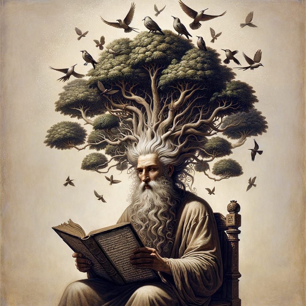 Ancient Man Reading Voynich Manuscript with Tree Crown