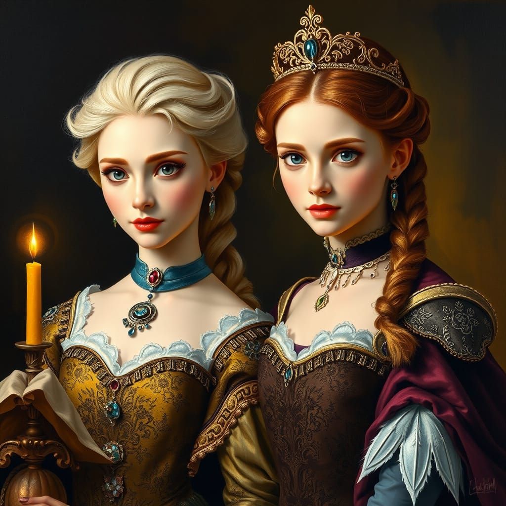 Elsa and Anna in Golden, Baroque-Inspired Rembrandt Style