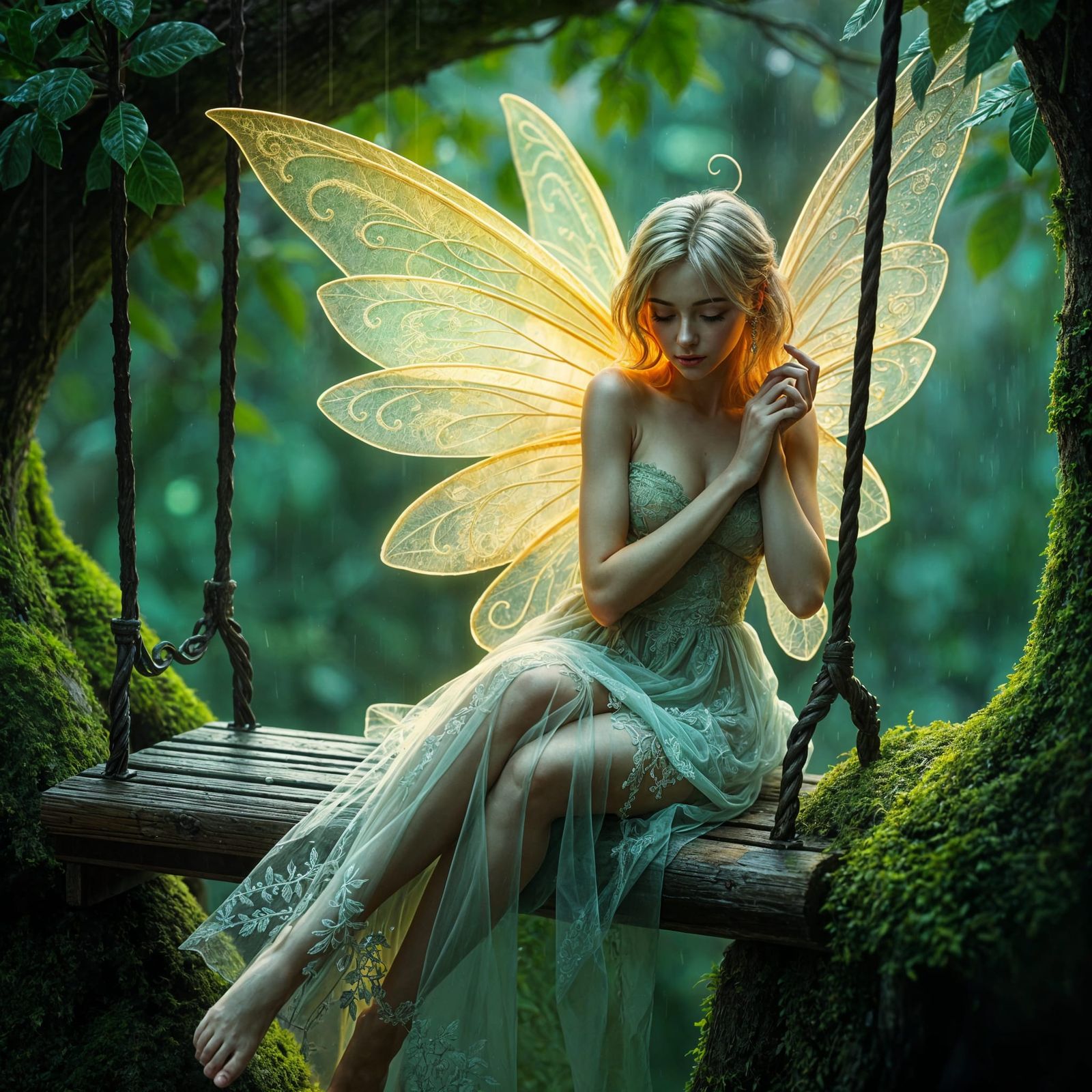 Luminescent Fairy on Rainy Tree Swing