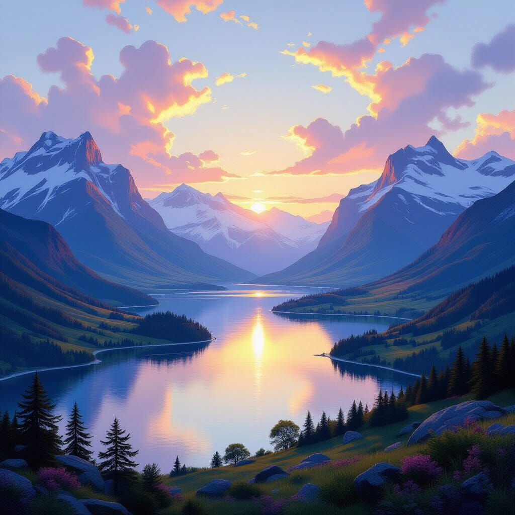 Majestic Mountain Landscape Panorama in Bierstadt Style