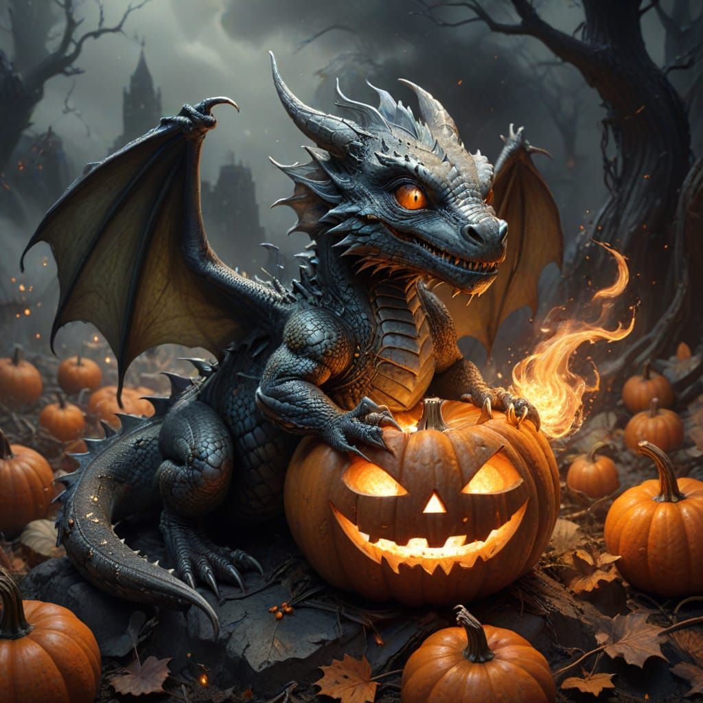 Baby Dragon Emerging From Halloween Pumpkins, Graphite Sketc...