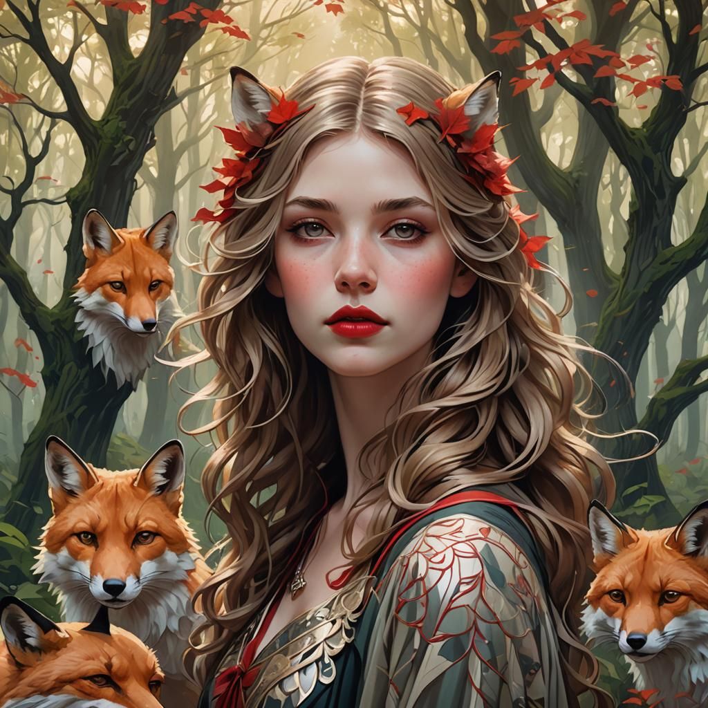 Girl with Foxes in Forest, Art Nouveau Portrait