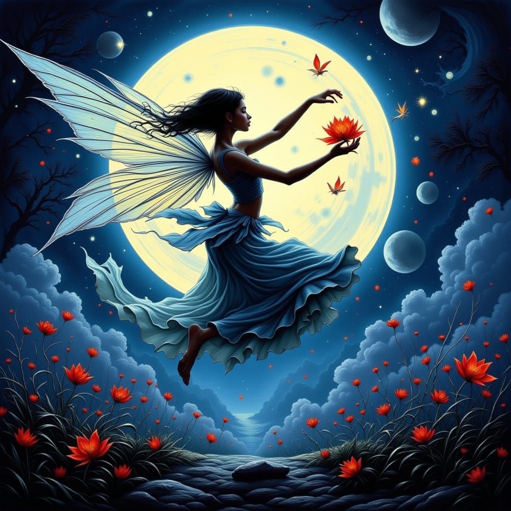 Fairy Dancing in Moonlight as Impasto Painting