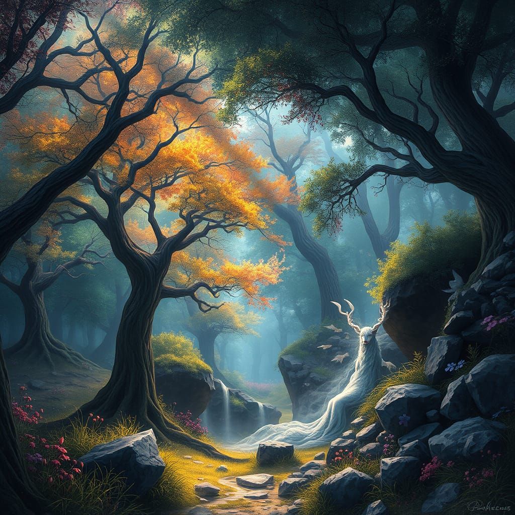 Ethereal Woodland Realm in Art Nouveau Style