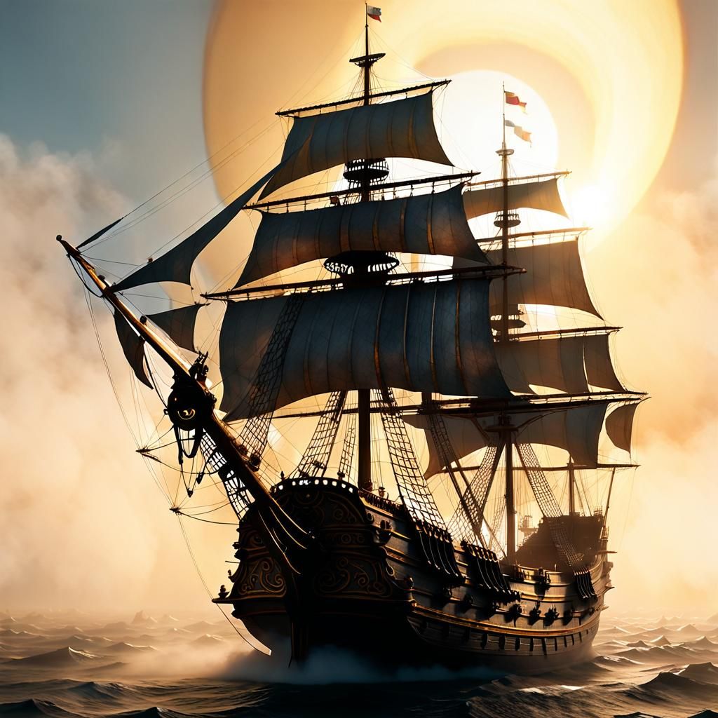 17th-century galleon sailing through light fog on calm sea.