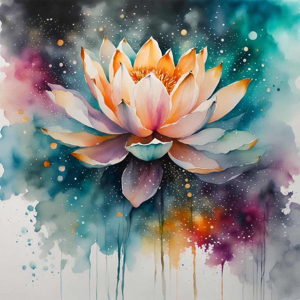 Watercolor Lotus in Universe Fog