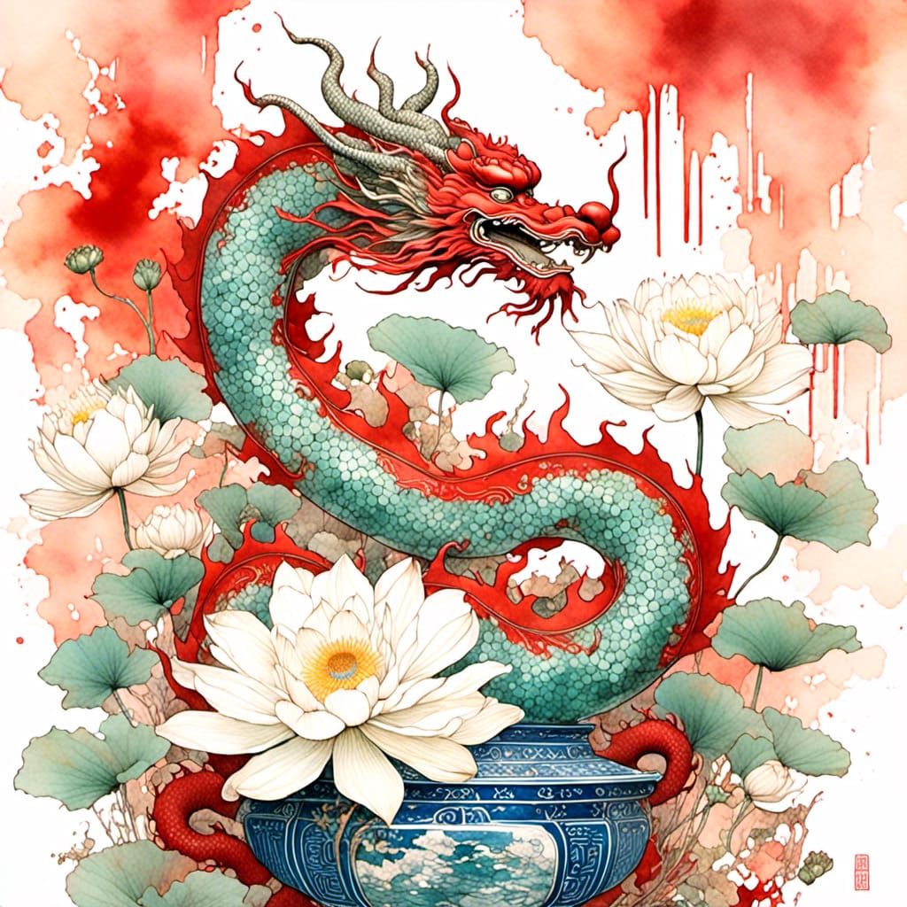 Jade Dragon Statue with Lotus Flower