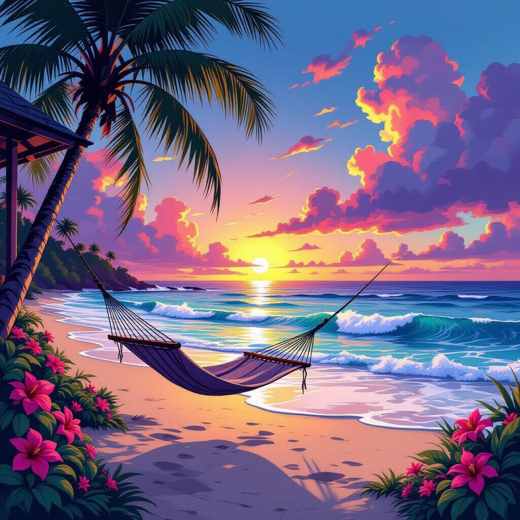 Tropical Beach House Sunset in Comic Book Style