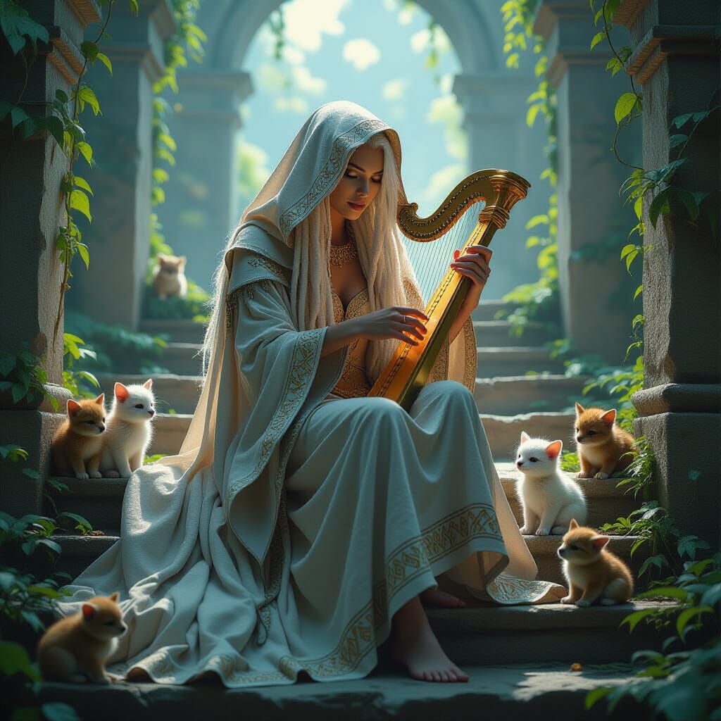 Elf Princess Plays Golden Harp in Ruined Temple