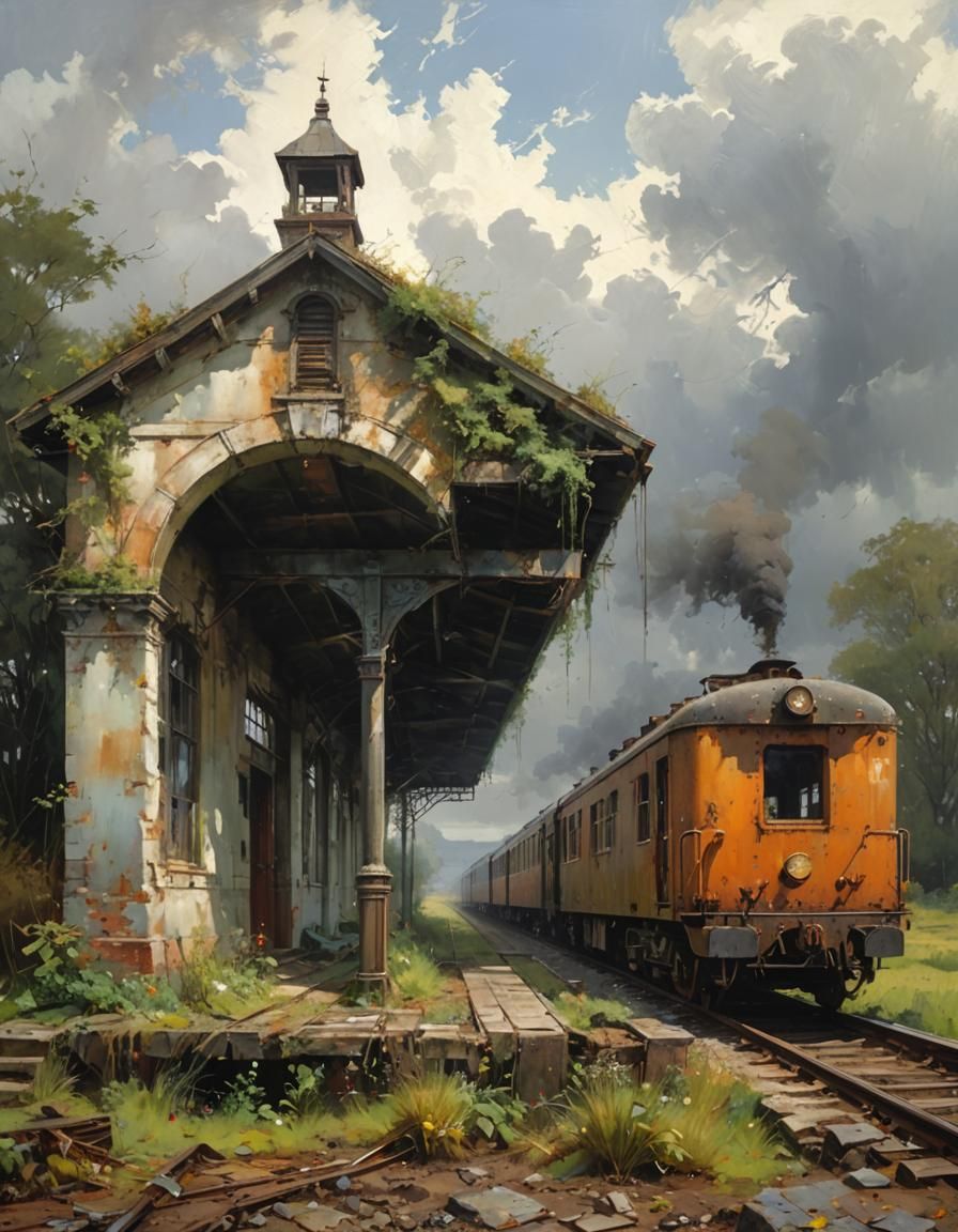 Abandoned Victorian Platform in Gloomy Oil Painting Style