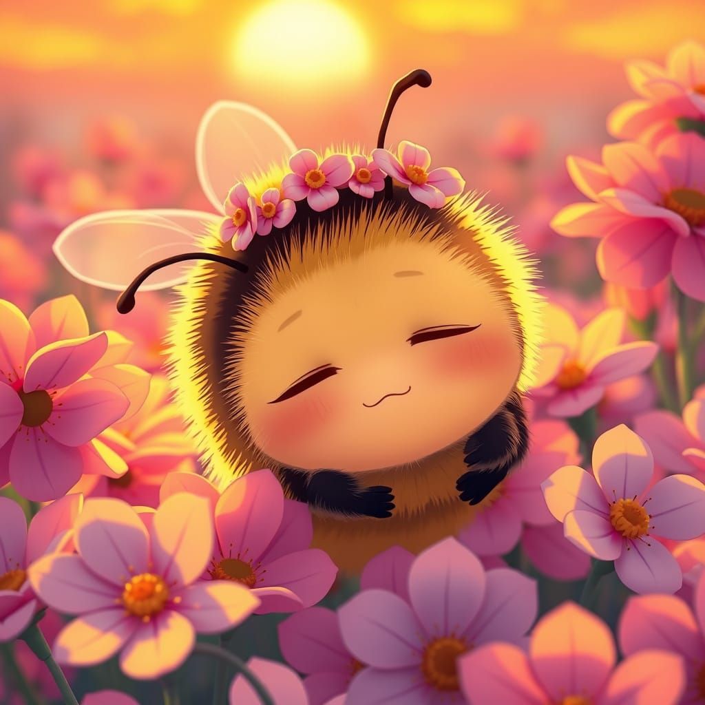 Sleepy Bumblebee in Manga Style With Flower Crown