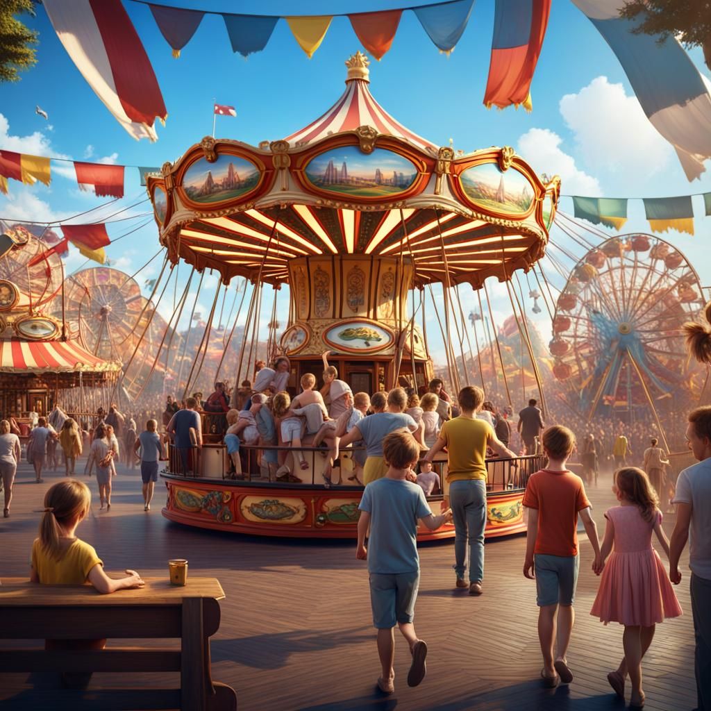 Vibrant Amusement Park Scene in Detailed Matte Painting