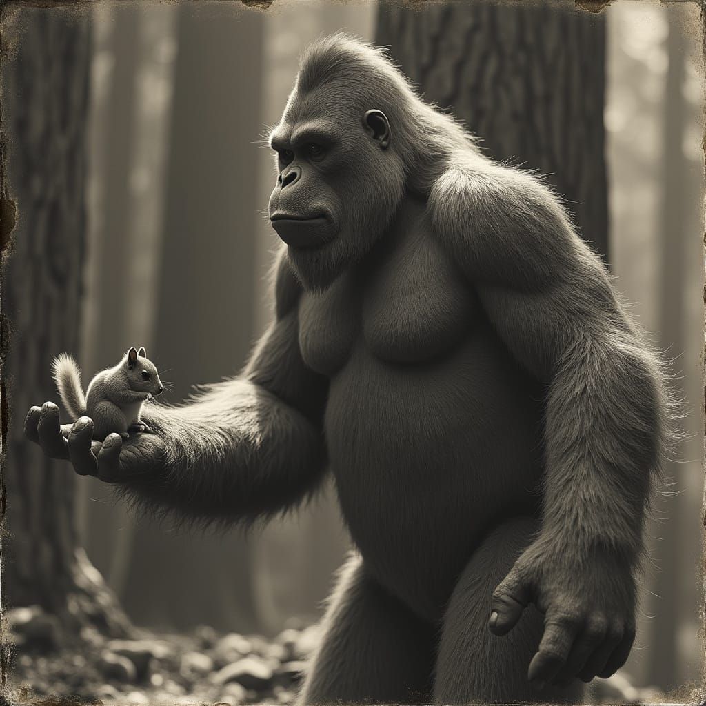 Bigfoot and Squirrel in Vintage Photo Style