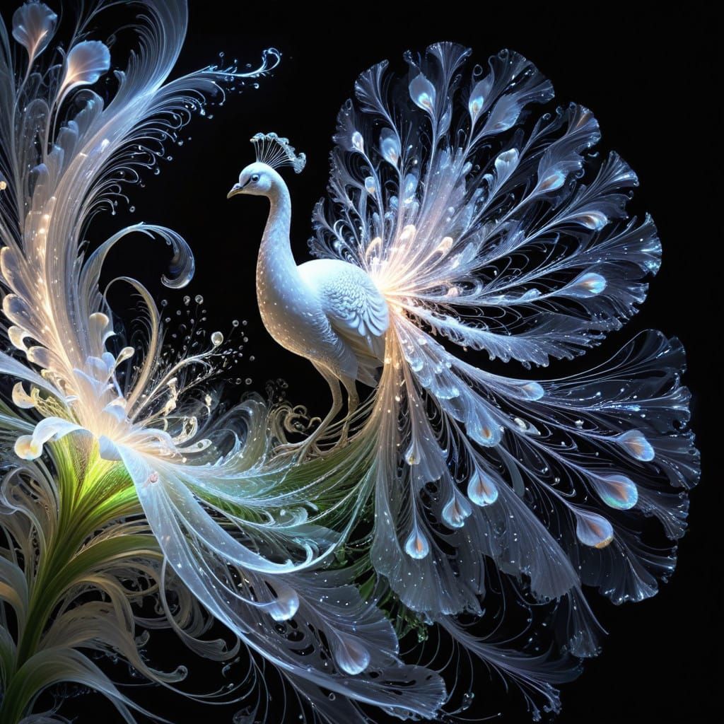 Surrealistic Peacock in Neon Dance with Fractal Tail