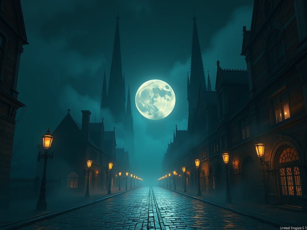 Gothic Cityscape Under Midnight Moonlight