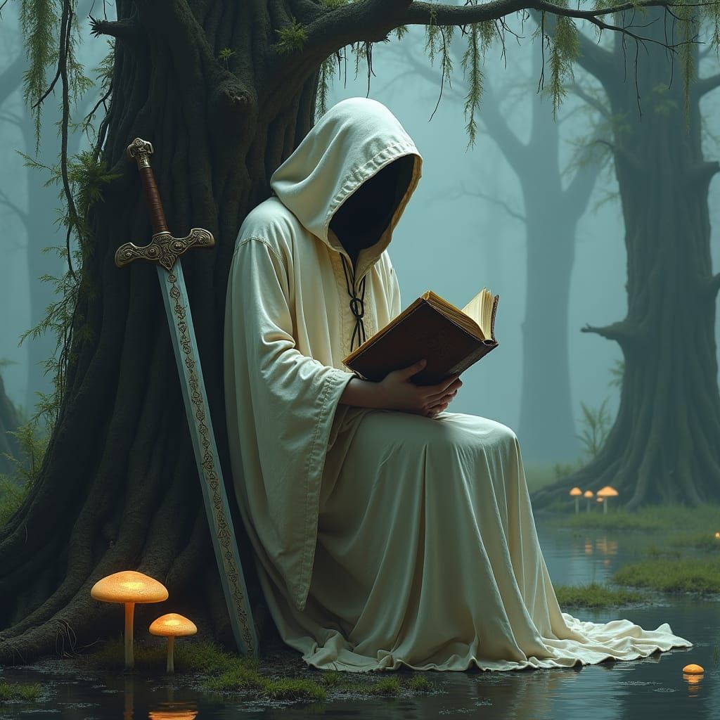 Mystical Swamp Reader in Surrealist Style