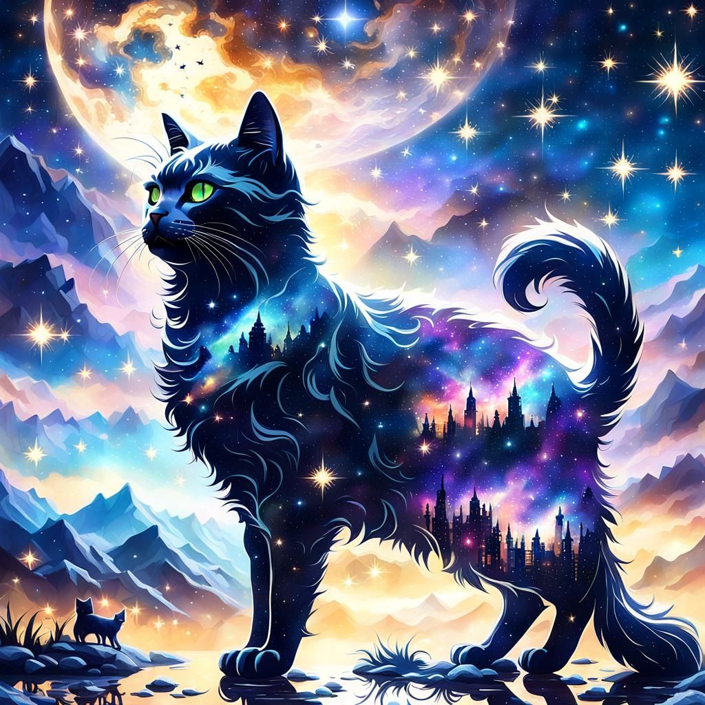 Galaxy Cat Silhouette Double Exposure: Fantasy Concept Art