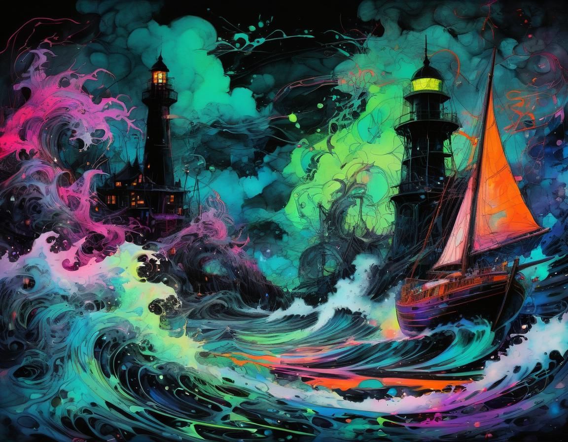 Fluorescent Seascape with Sailboat and Lighthouse