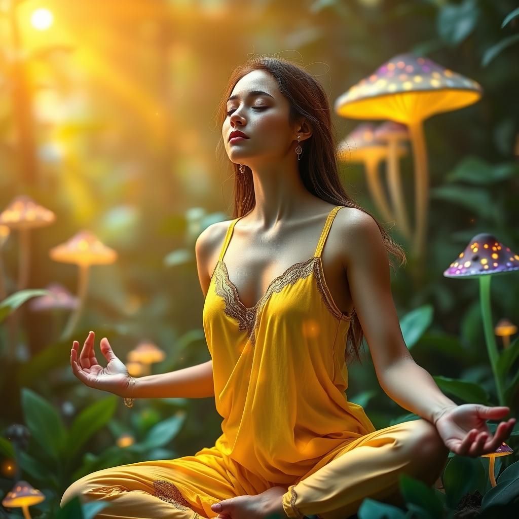 Meditating Woman in Mystical Glowing Mushroom Garden