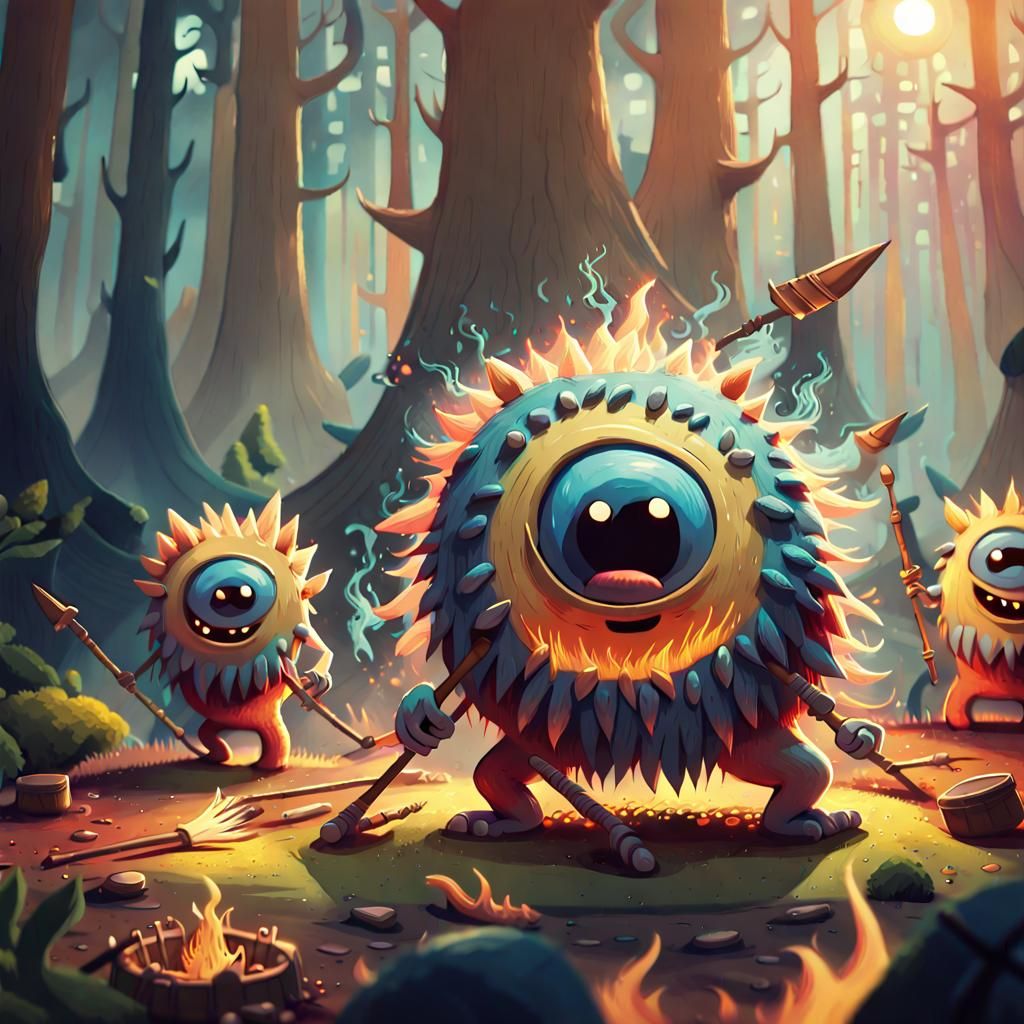 Cute One-Eyed Monsters Dancing Around a Fire