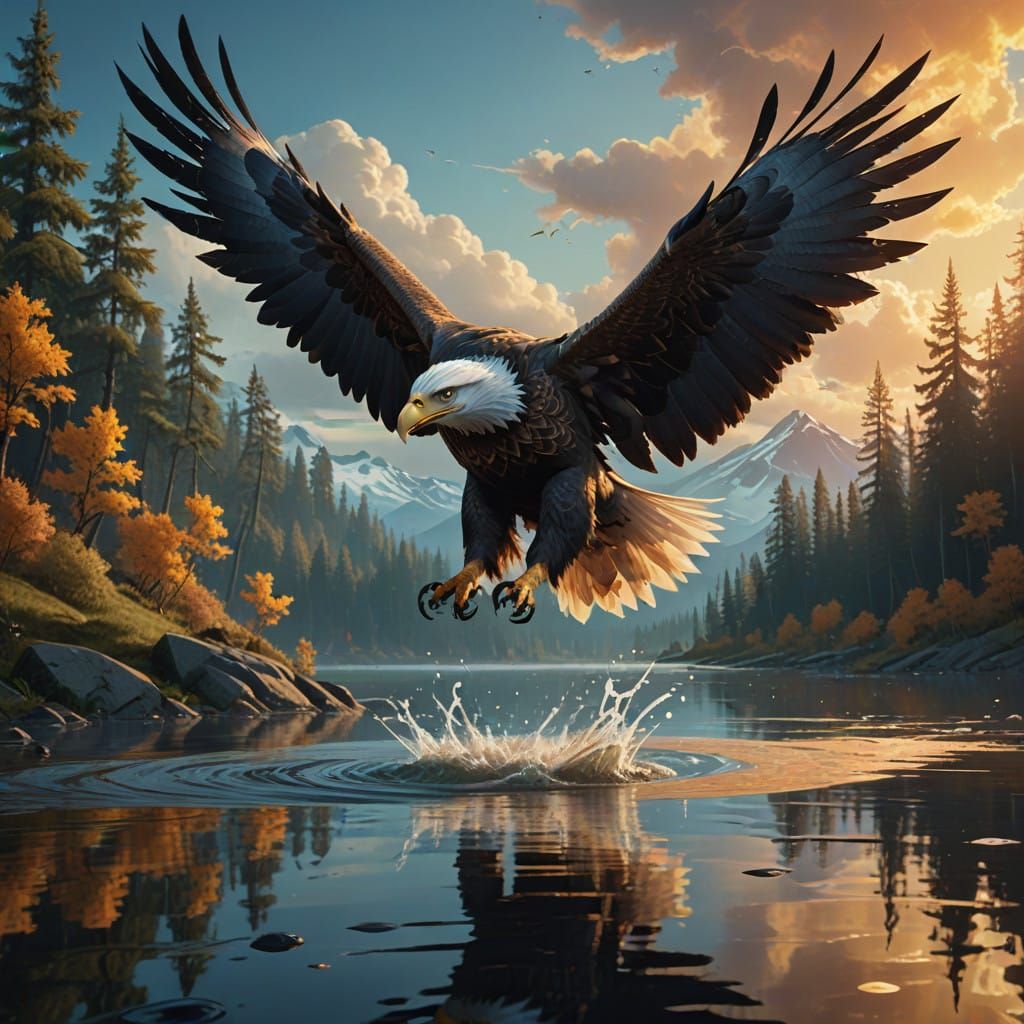 Eagle in Flight over a Calm Lake in Warm sunlight