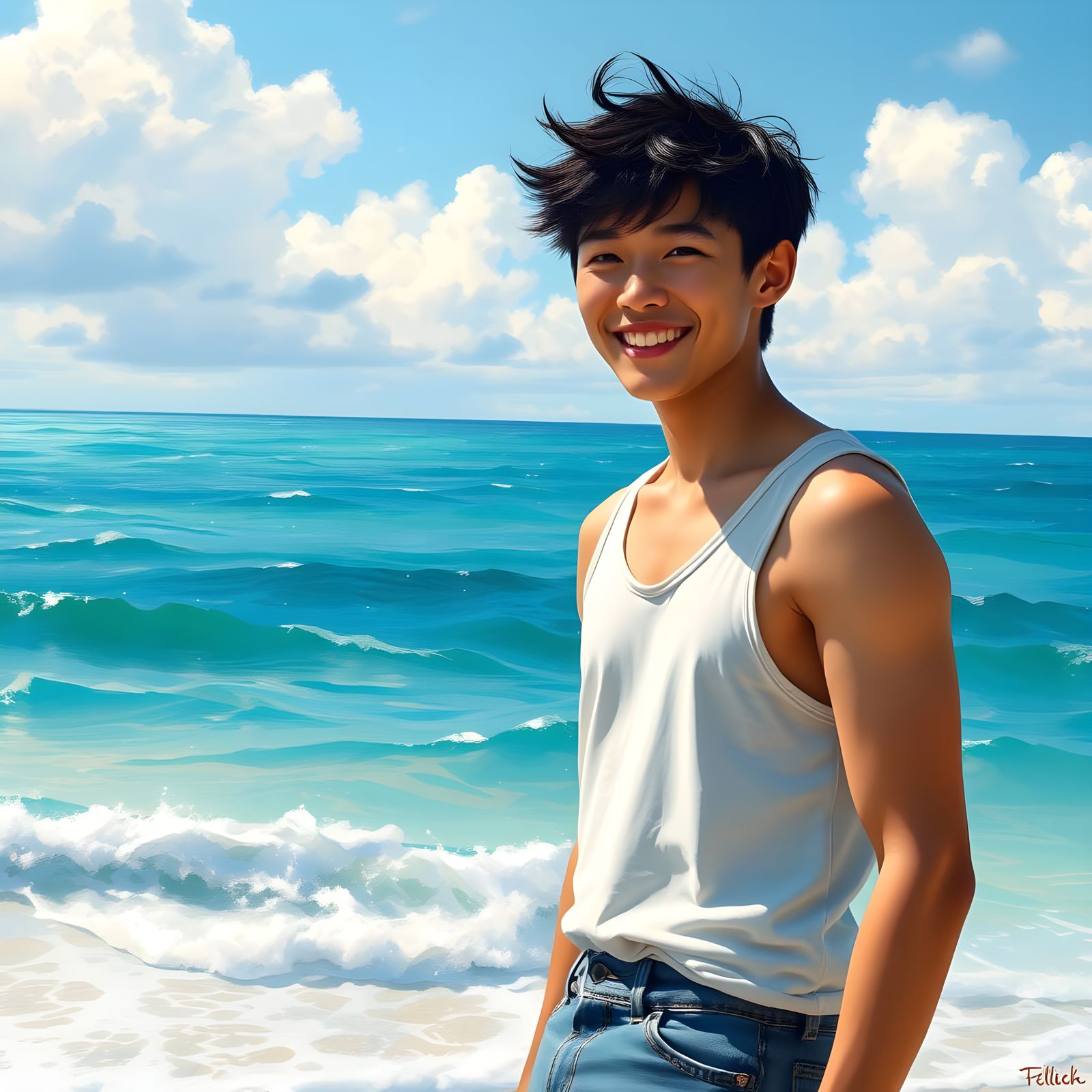 Young Asian Man Stands Serenely by the Ocean in Impressionis...