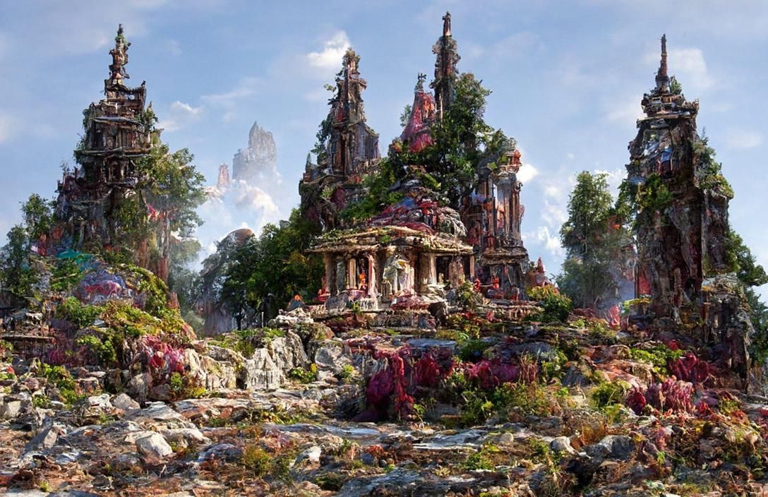 Colorful Temple Rendered as Digital Art