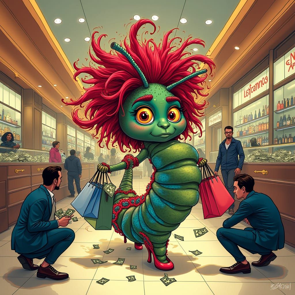 Confident Caterpillar's Shopping Spree in Cartoon Style
