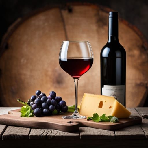 Wine Bottle, Glass, Grapes and Cheese Still Life