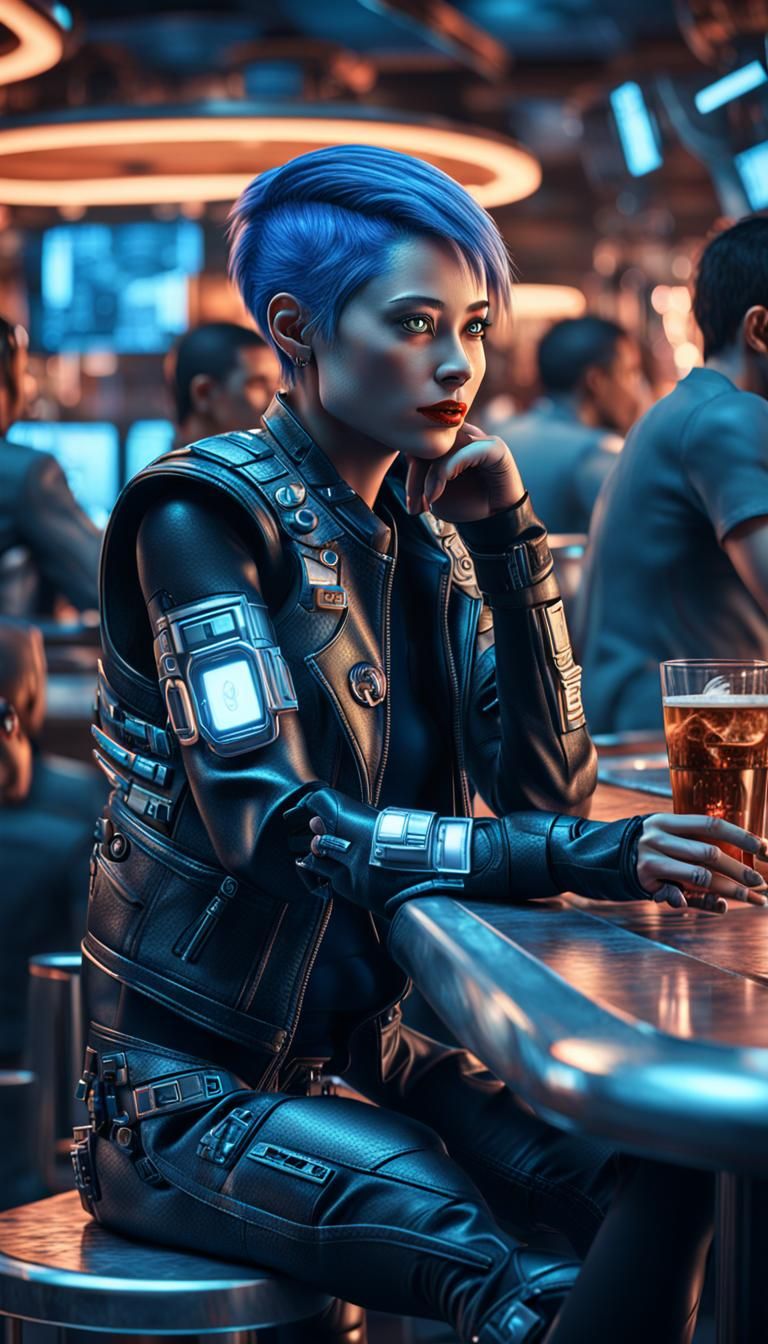 Cyberpunk Woman in Futuristic Bar, Hyperrealistic 3D Render