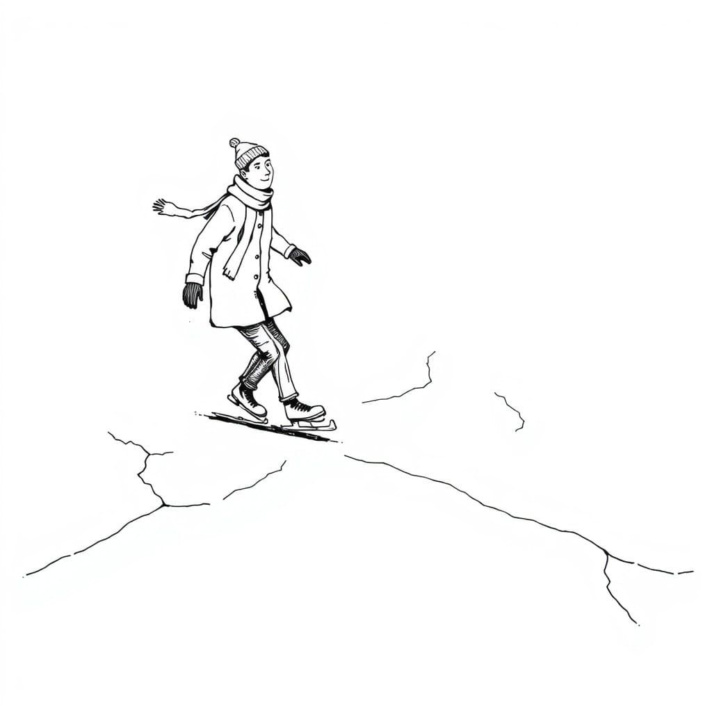 Man Skating on Cracking Ice in Elegant Pen and Ink Style