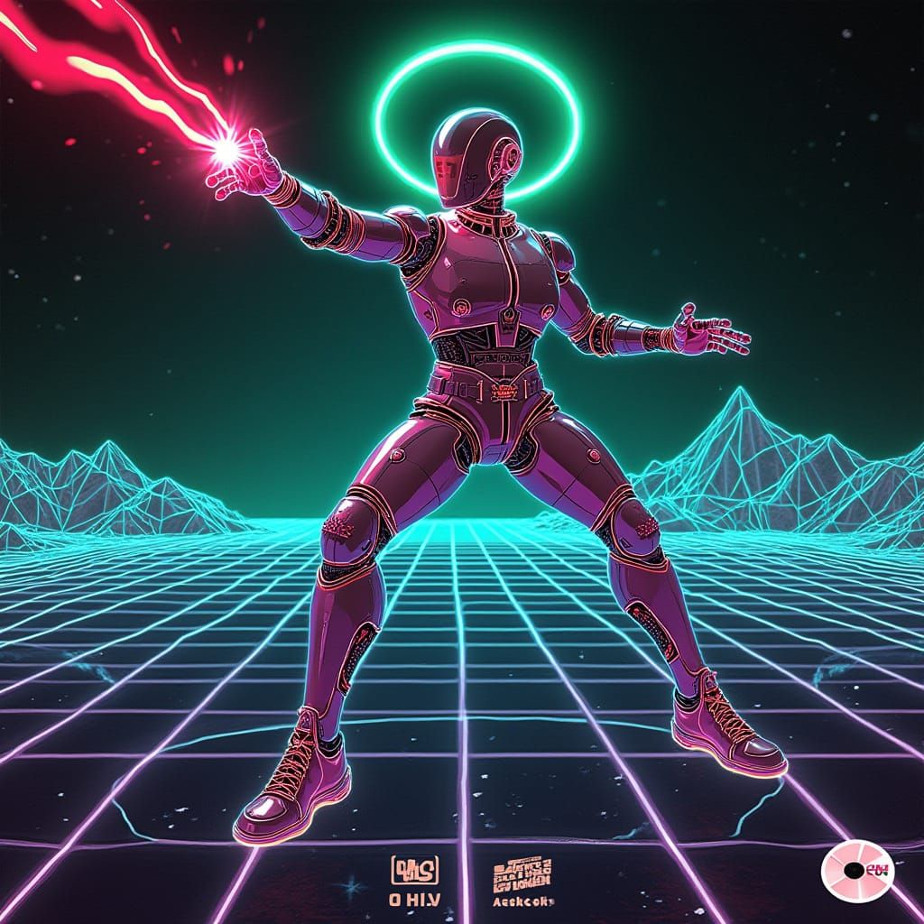 Synthwave Cyborg on Neon Grid Landscape