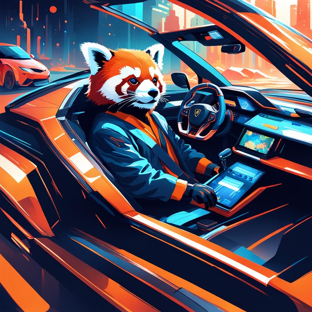 Red Panda Races in a Neon Lamborghini, Digital Art
