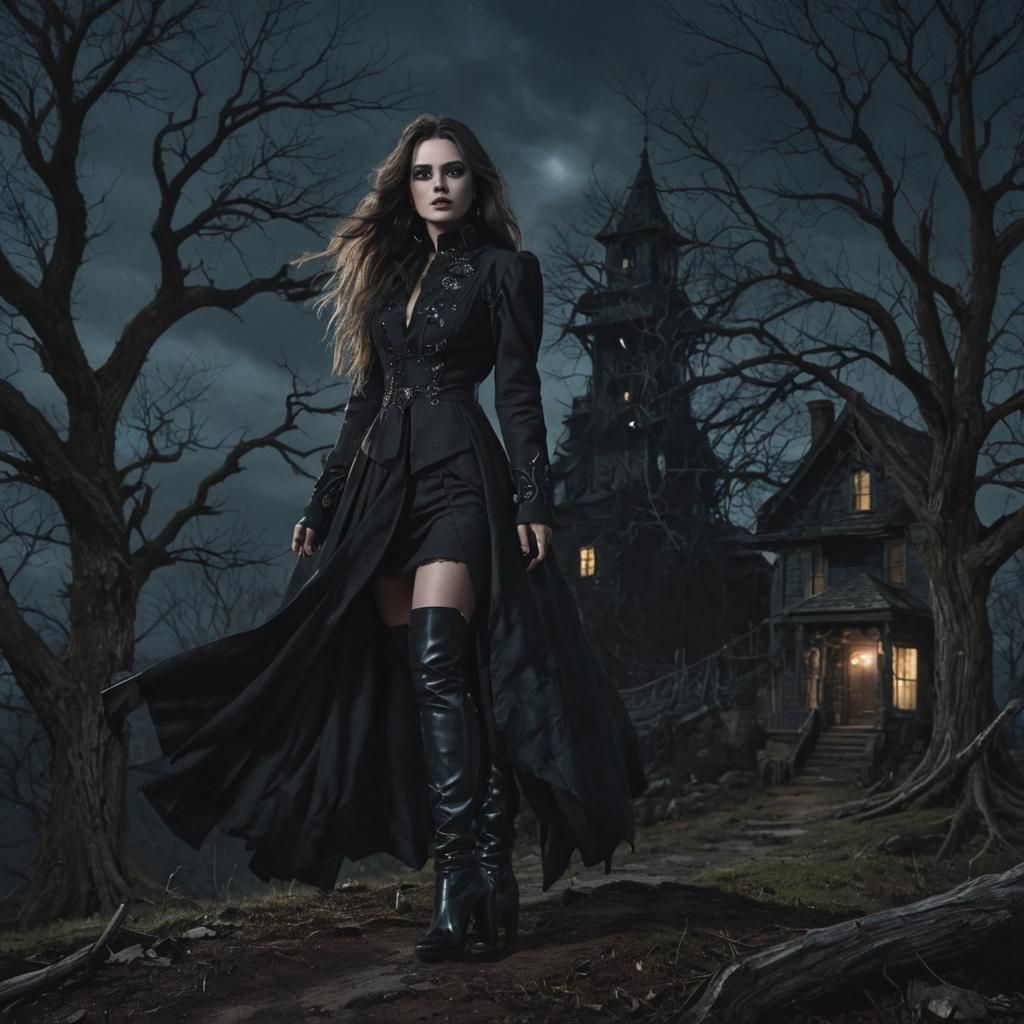 Goddess Before Spooky House: Dark Fantasy Art