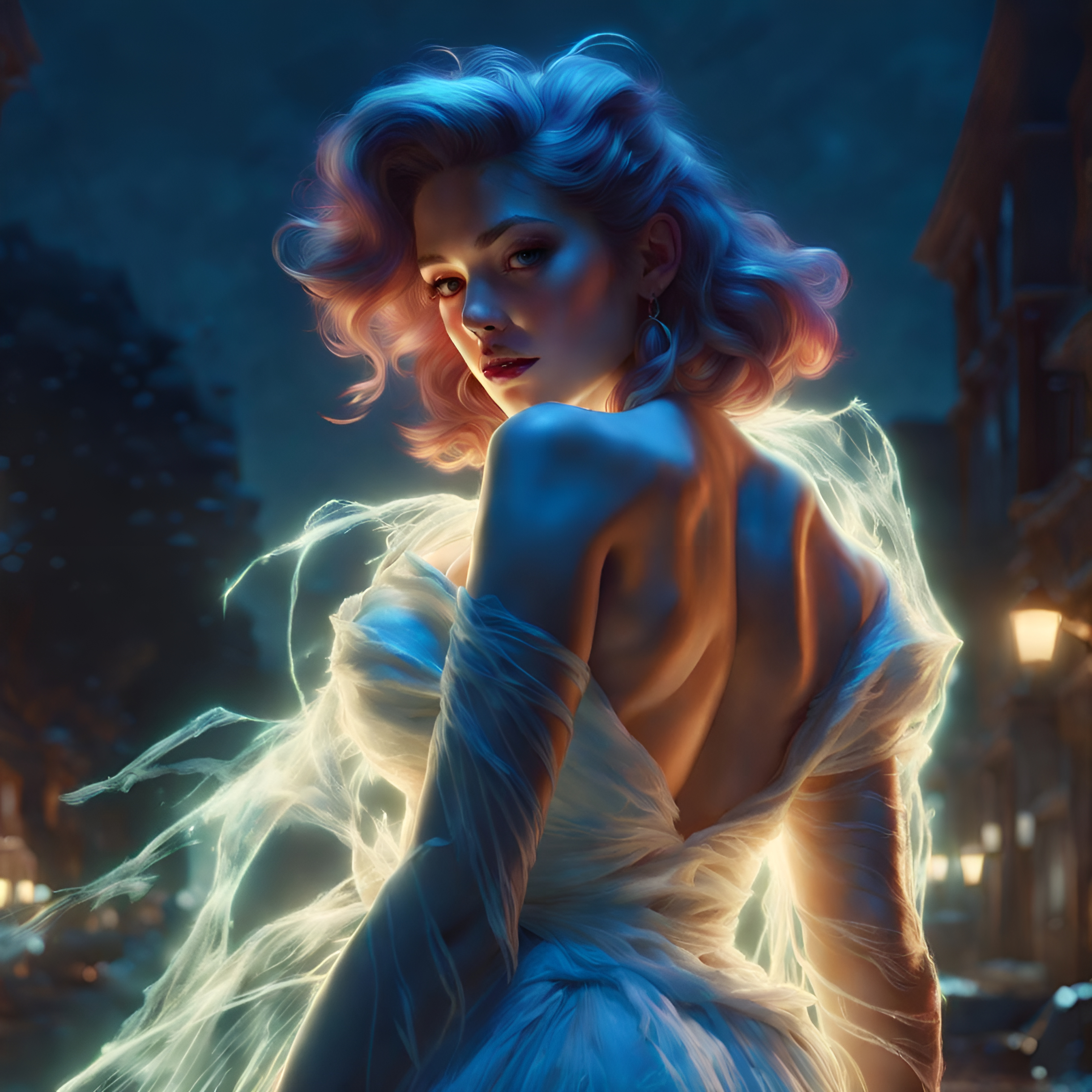 Ethereal Pin-Up: Ghostly Figure in Moonlight