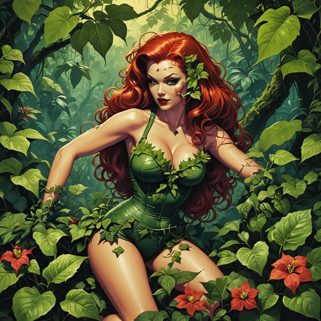Seductive Poison Ivy Pin-Up in Jungle Illustration