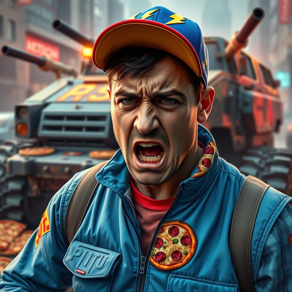Desperate Pizza Delivery Man in Cyberpunk Chaos