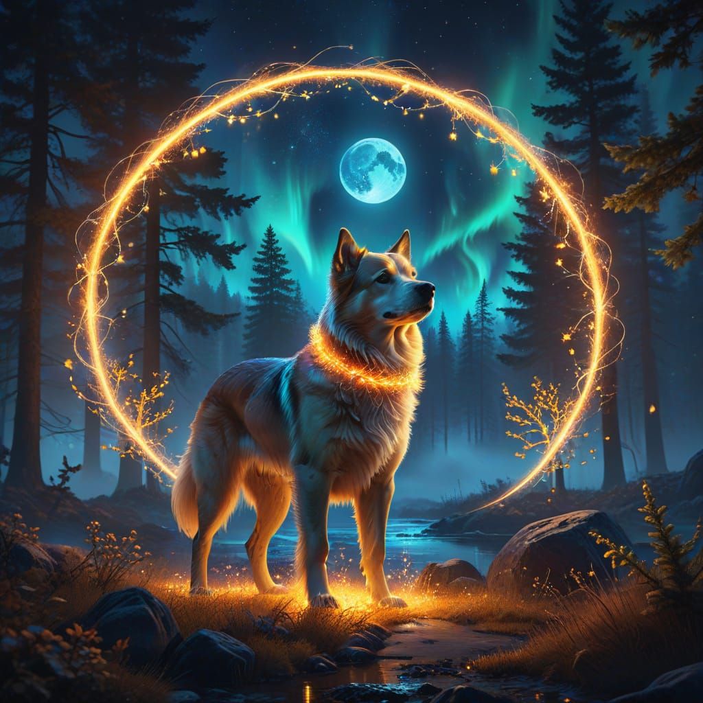 Surreal Fantasy Scene with Glowing Dog and Northern Lights